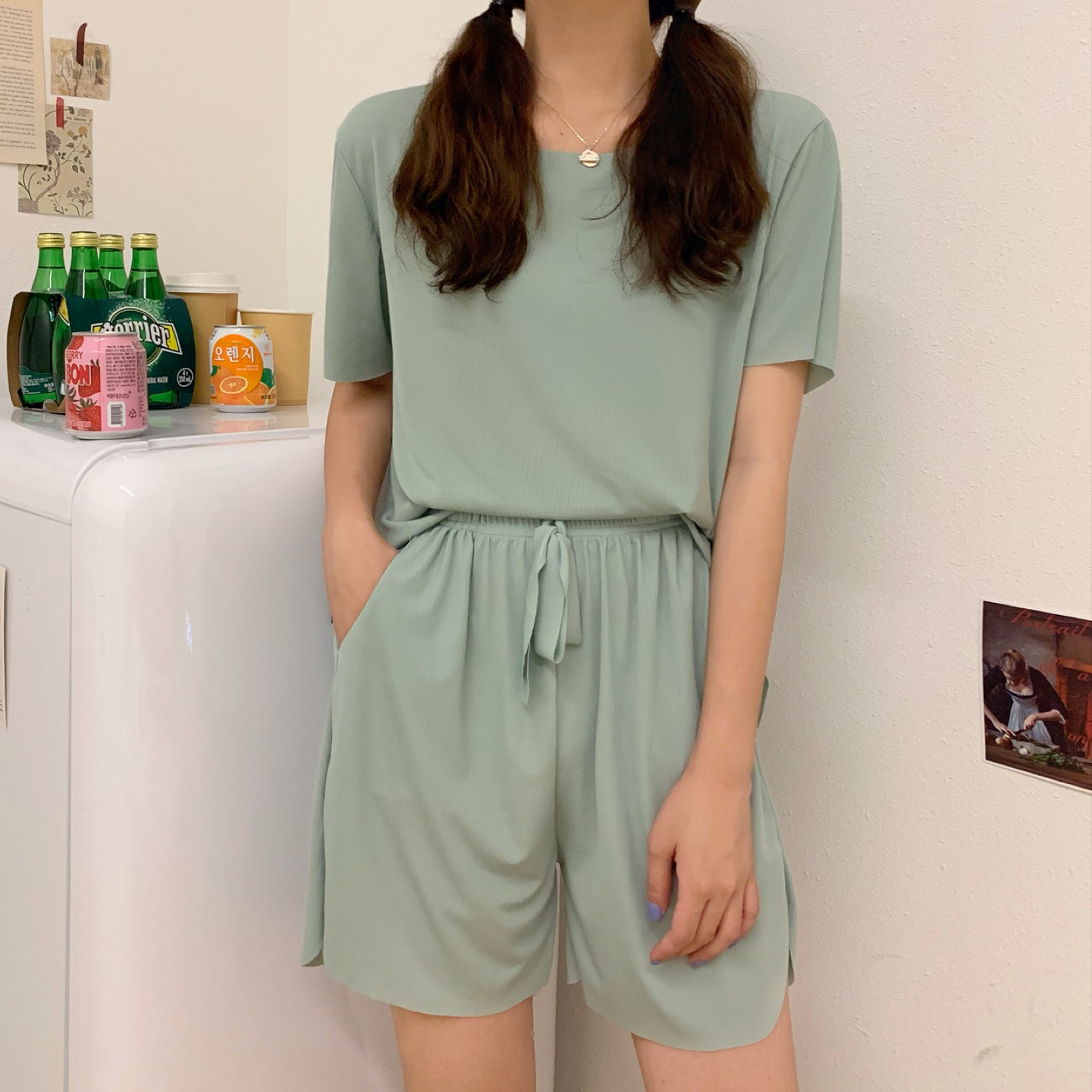 Ice silk thin short sleeve pajamas set