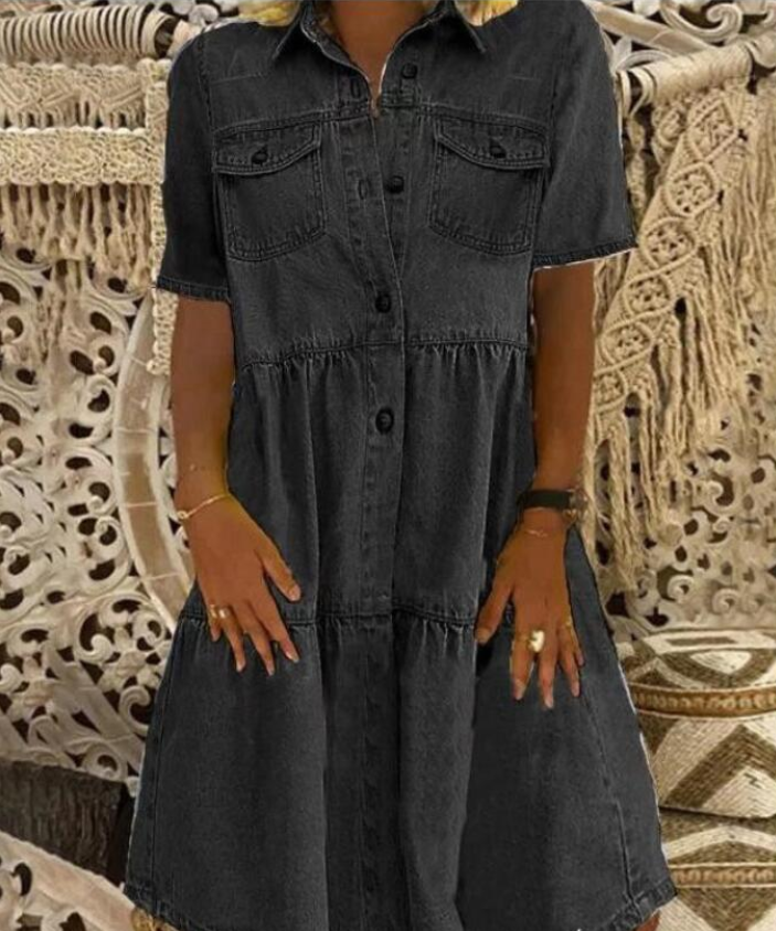 Multi-button multi-pocket mid skirt denim dress