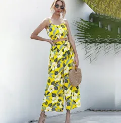Sling ice silk top high waist wide leg cool pants - Yellow - View 1