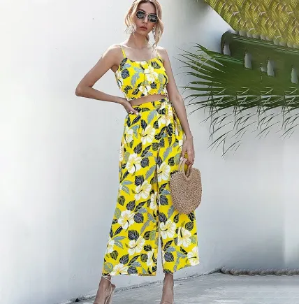 Sling ice silk top high waist wide leg cool pants Yellow - Shop at LoveMi