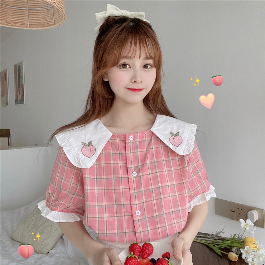 Short-sleeved plaid shirt with embroidered ruffles