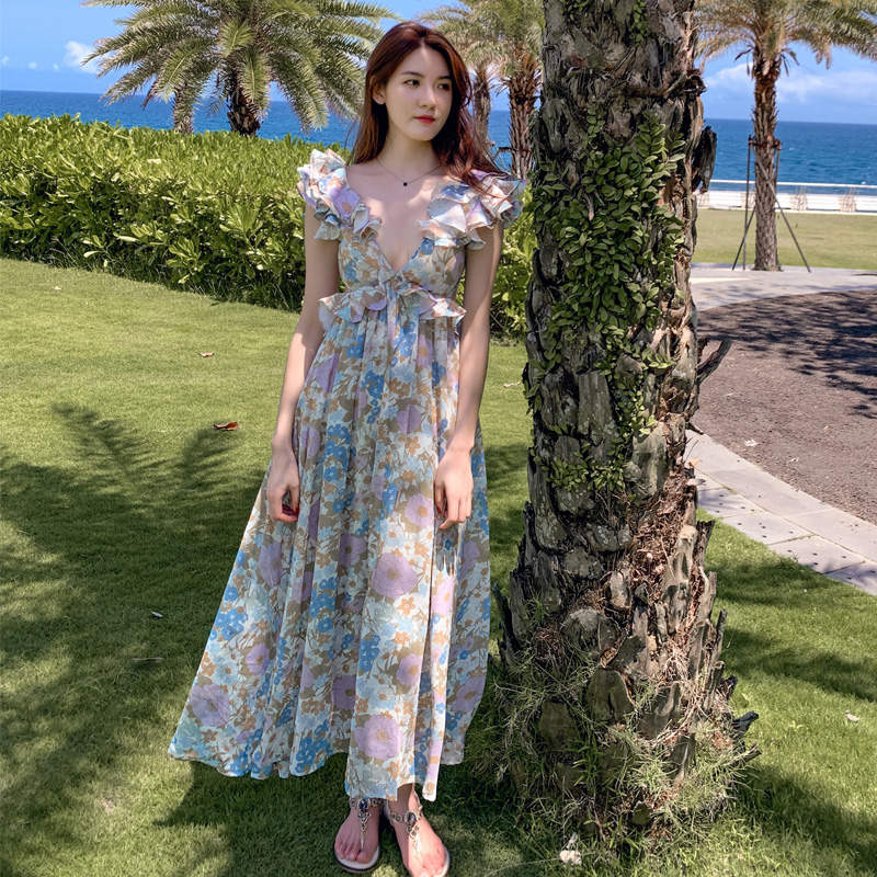 Vacation floral ruffled V-neck halter dress