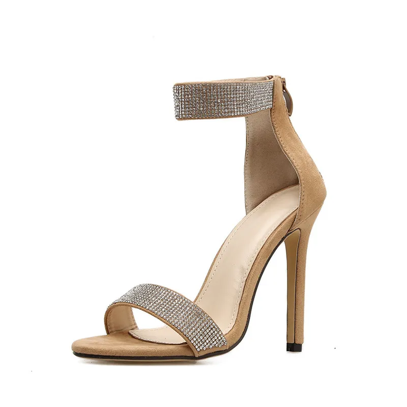 Fish mouth rhinestone high heel women sandals - Apricot