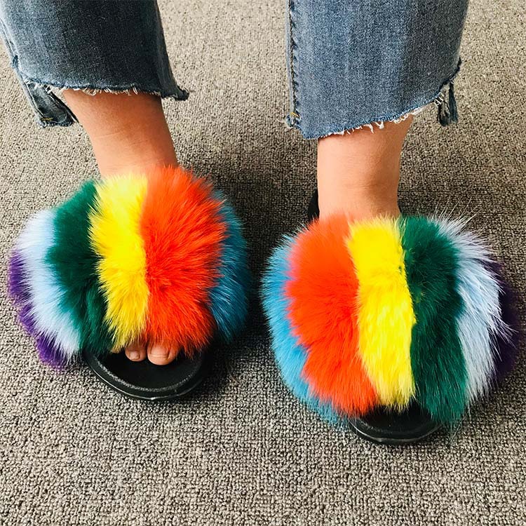 Fox fur slippers Colorful - Shop at LoveMi