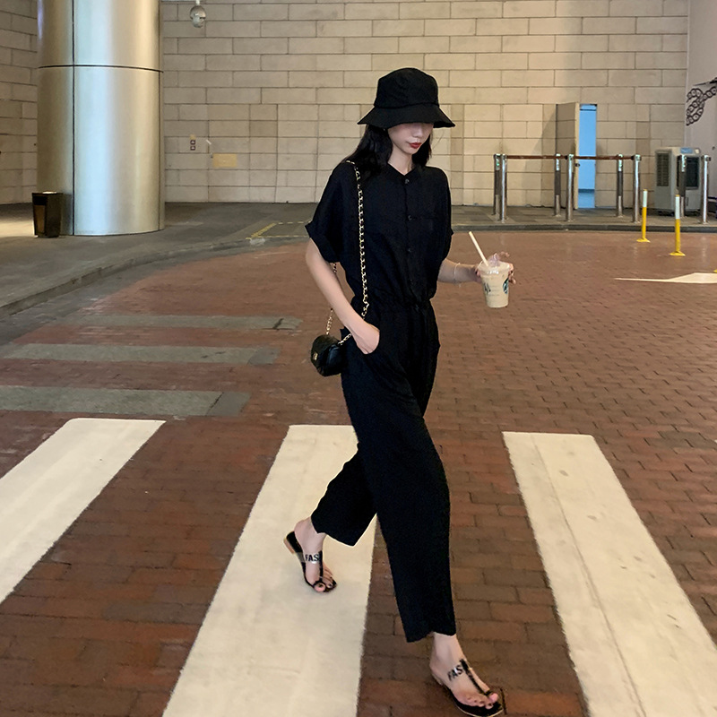 Lace-up high waist casual overalls
