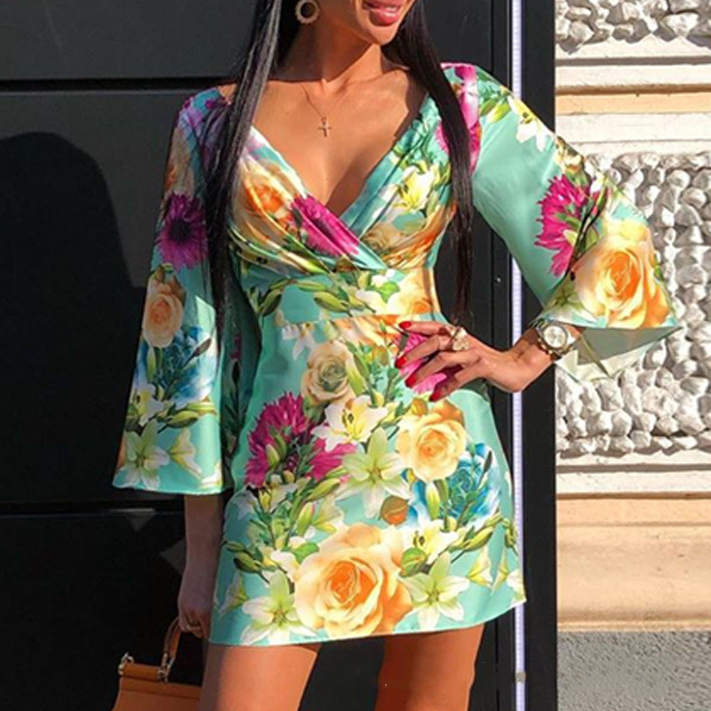 Deep V print flared sleeve waist waist A-line skirt