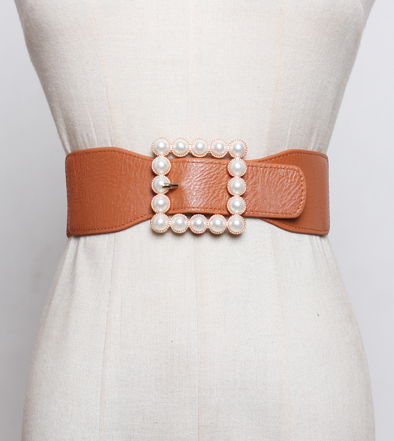Pearl buckle black wide waist women