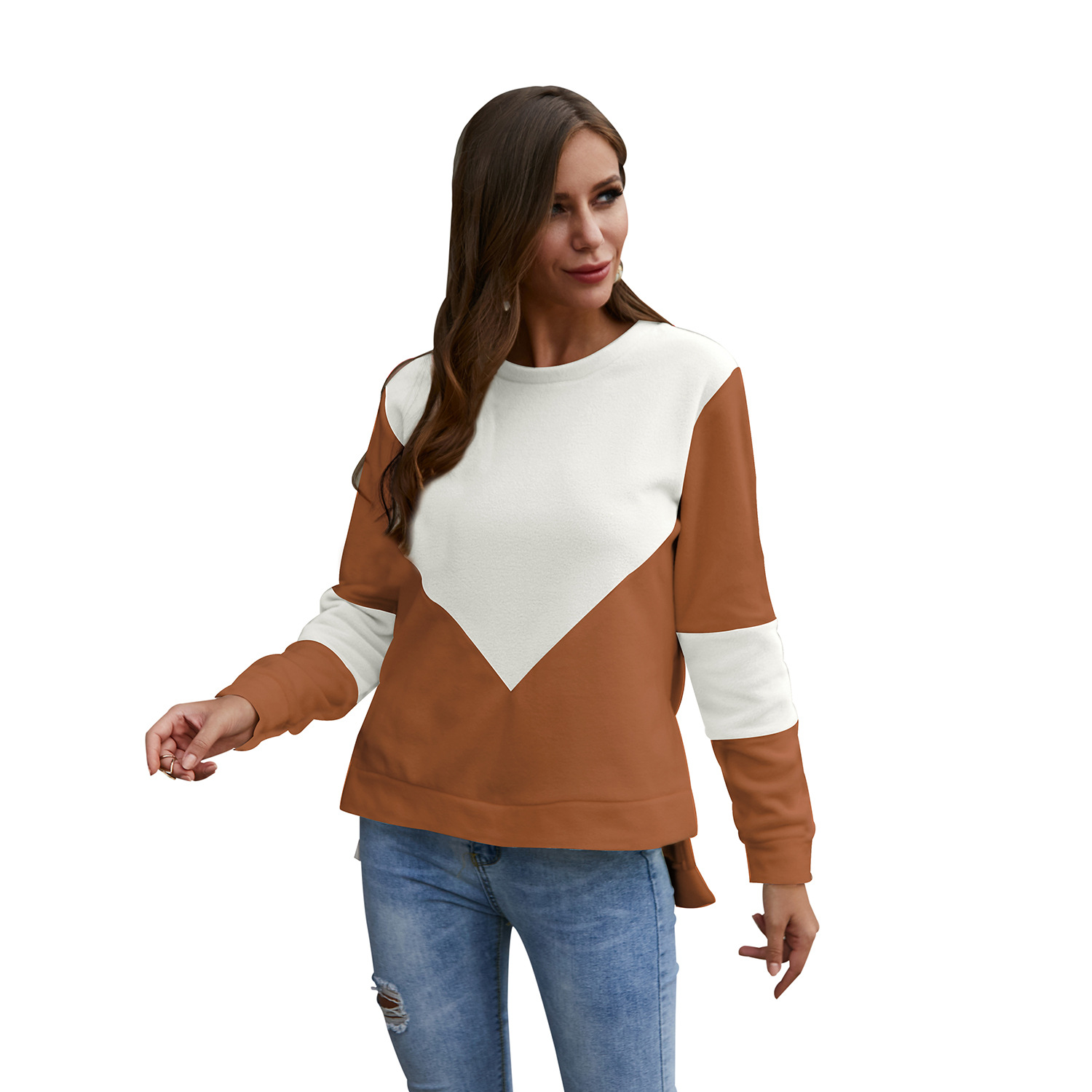 Long sleeve round neck contrast stitching top