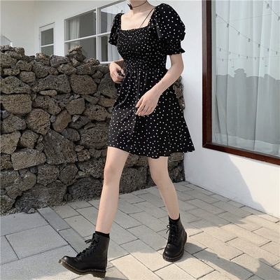 Sexy polka dot black dress with waist