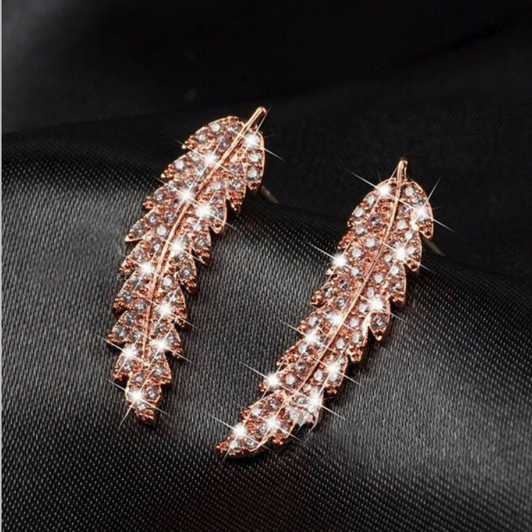 Zircon gold and silver leaf earrings Korean fashion ladies