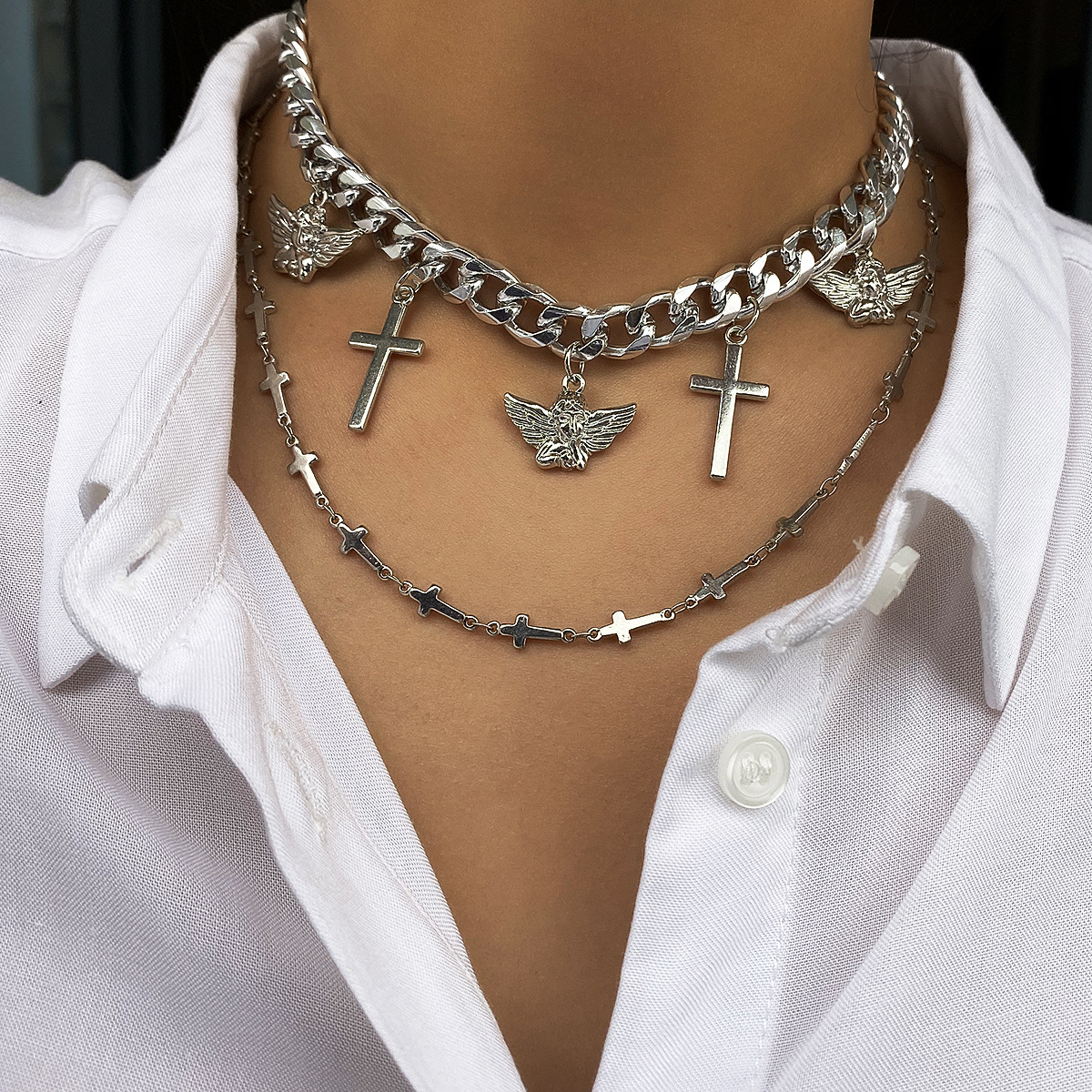 Cross chain angel necklace