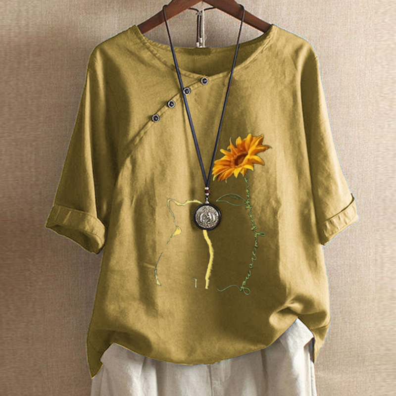 Printed buttons loose casual short sleeves