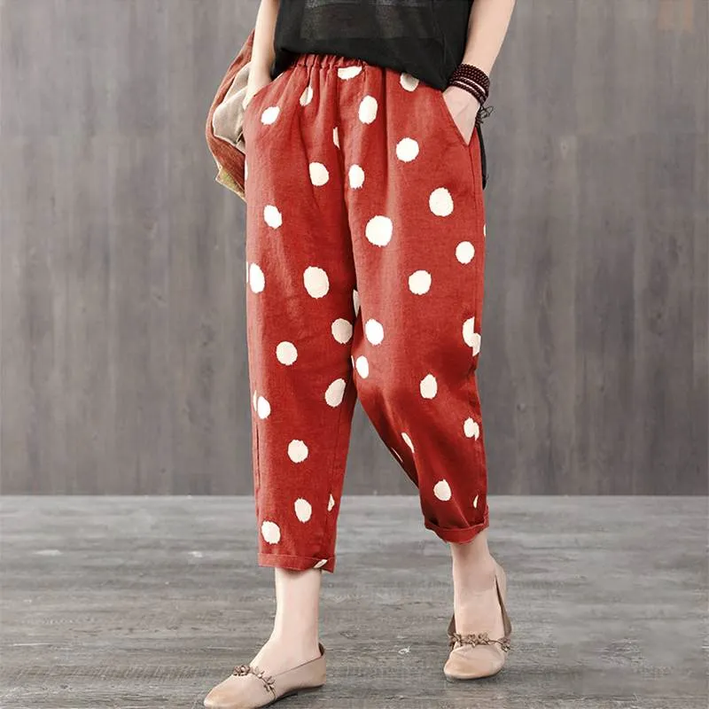 Dot plus size loose women's casual trousers - Red