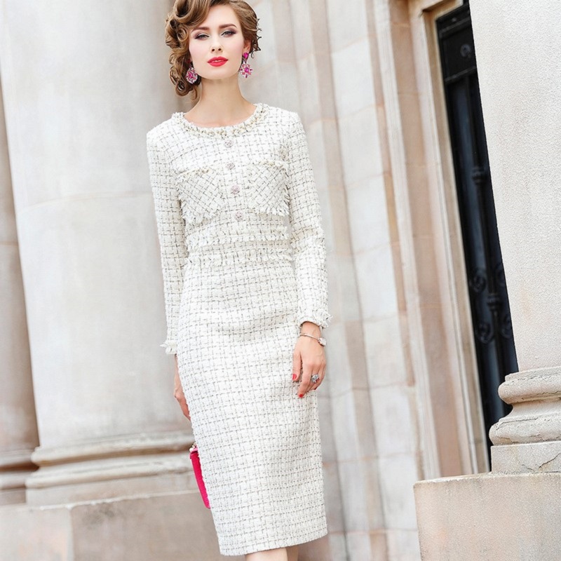 Tweed long sleeve temperament dress