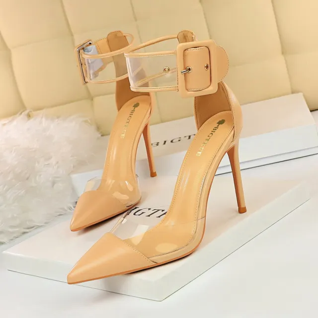 High heeled shallow pointed sandals with belt buckle Khaki - Shop at LoveMi