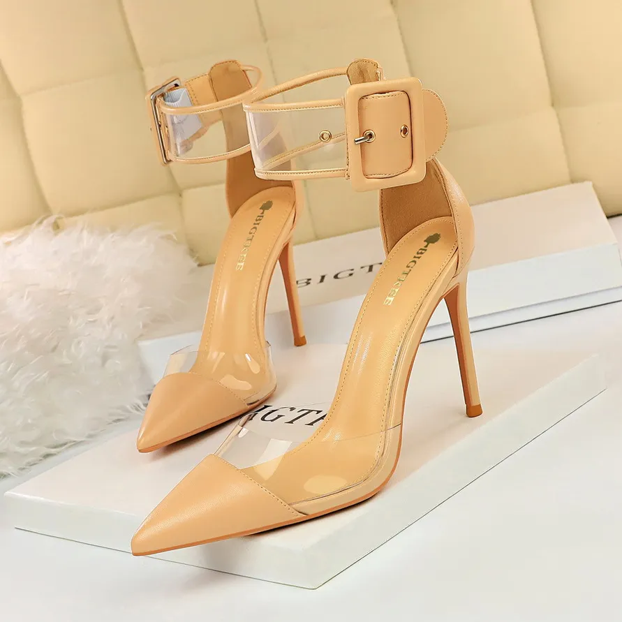 High-heeled shallow pointed sandals with belt buckle - Khaki