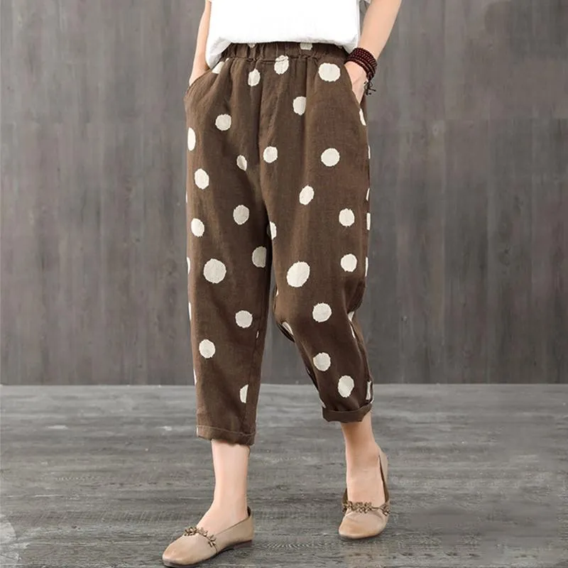 Dot plus size loose women's casual trousers - Coffee