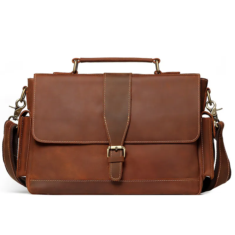 Business leather men's briefcase - Khaki