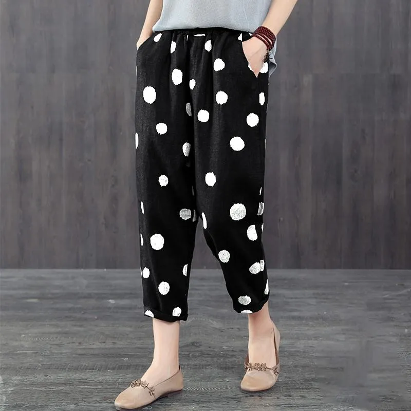 Dot plus size loose women's casual trousers - Black