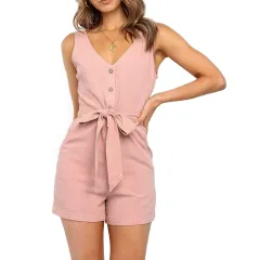 Women Playsuit Summer V Neck Sleeveless Button Belt Bow Casual Jumpsuit Solid Romper Elegant Tunic Short Overalls - Pink - View 1