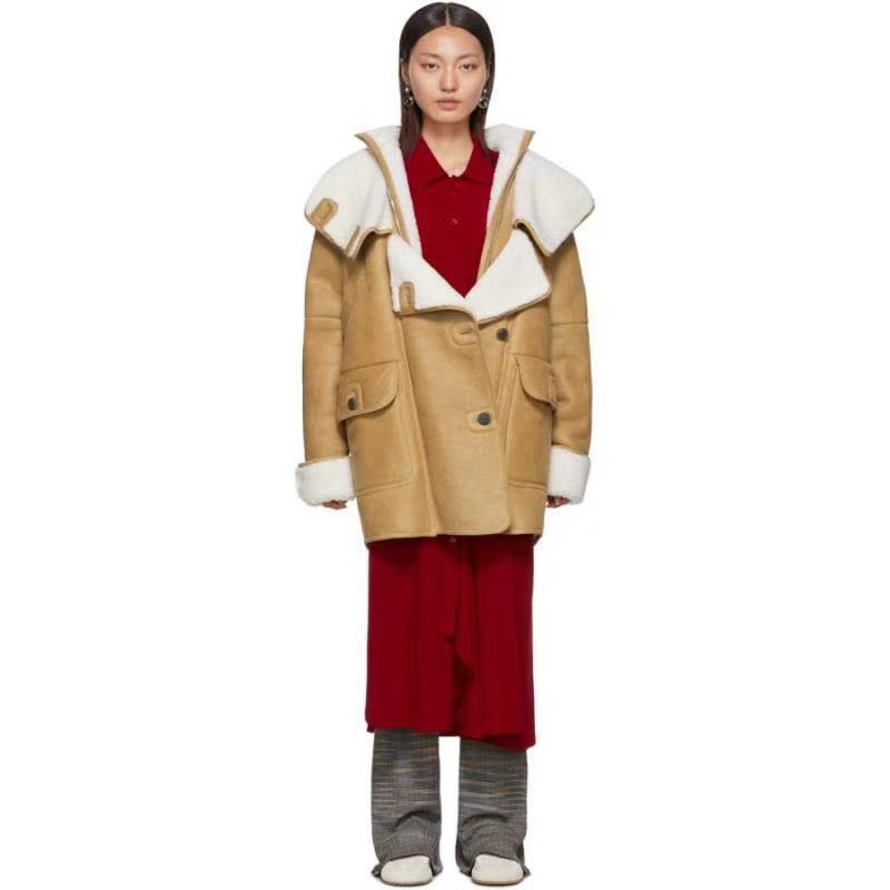 Camel fur cute bear hooded zipper long coat