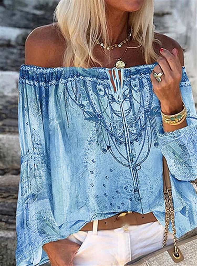Printed V-neck flared sleeve chiffon shirt