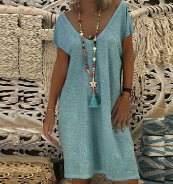 solid color V-neck drop shoulder dress women