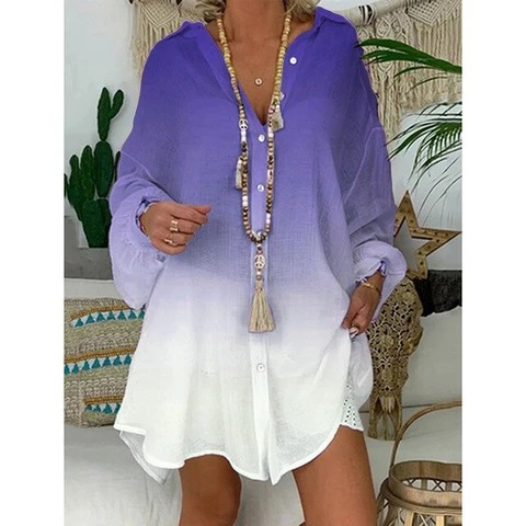 Gradient print loose large size sunscreen shirt