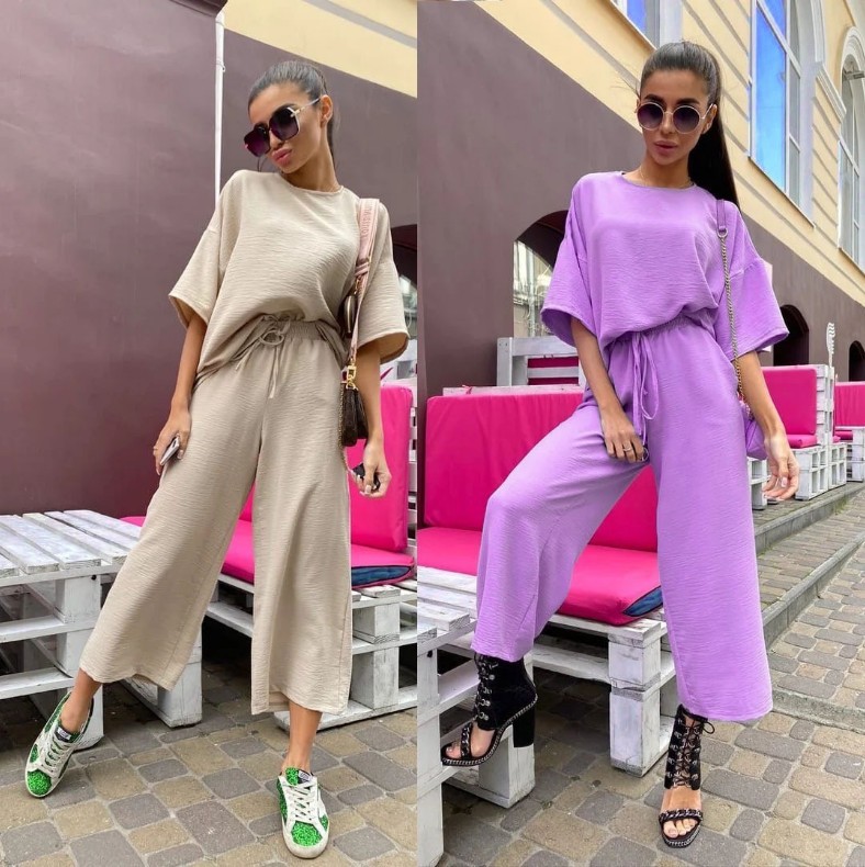 Solid color loose wide leg pants suit