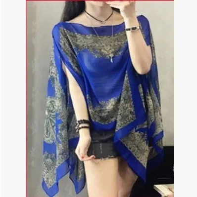 New retro cape silk scarf blouse Royal Blue - Shop at LoveMi