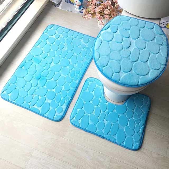 Pebble flannel embossed bathroom three piece mat Sky Blue Stone - Shop at LoveMi