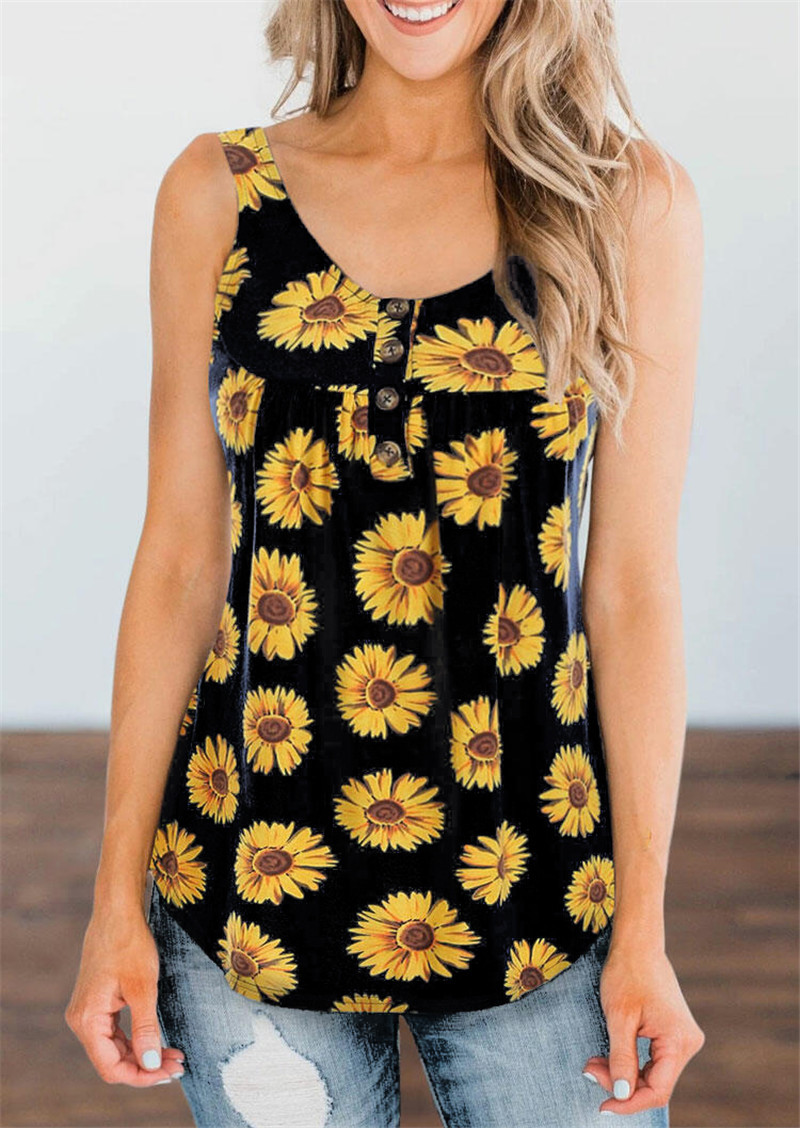 Sleeveless vest sunflower print casual loose top