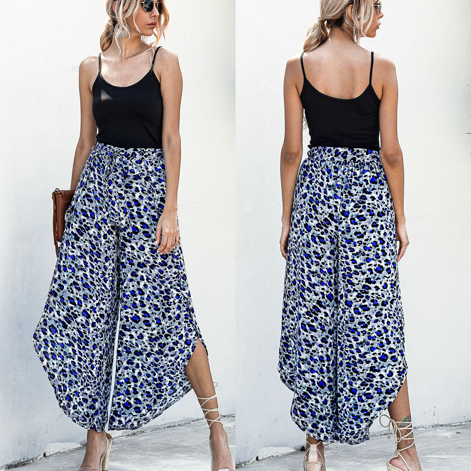 Irregular leopard print wide-leg casual trousers