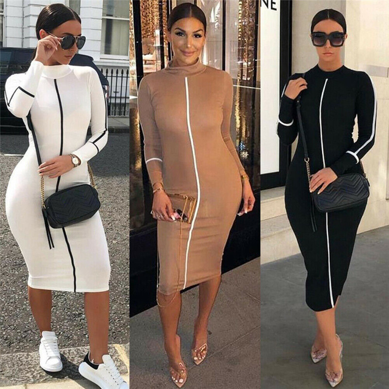 Summer new hit color long-sleeved midi dress