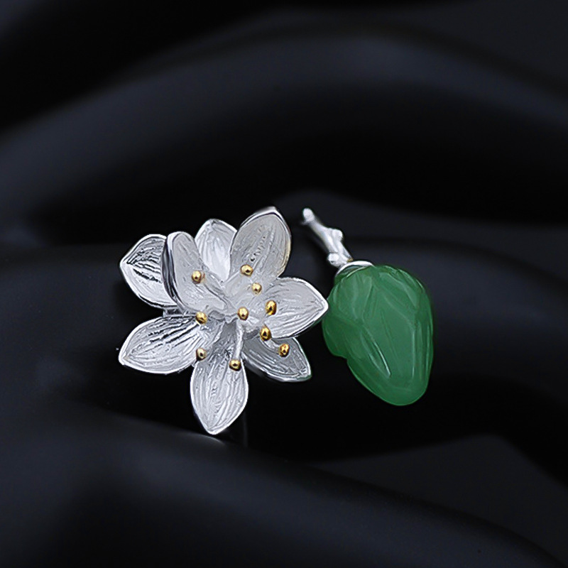 Vintage style sterling silver jade lotus ring