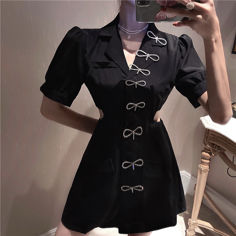 Bowknot slim suit collar dress