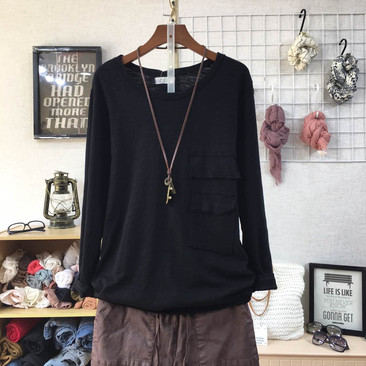 Literary round neck slub cotton long sleeve