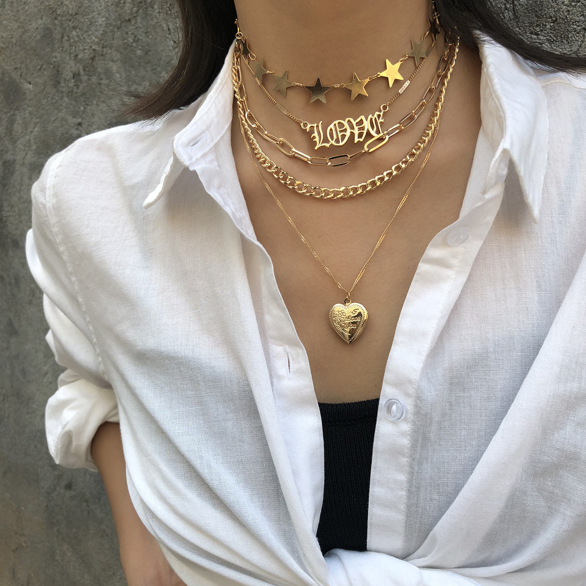 Retro  heart-shaped star multilayer necklace