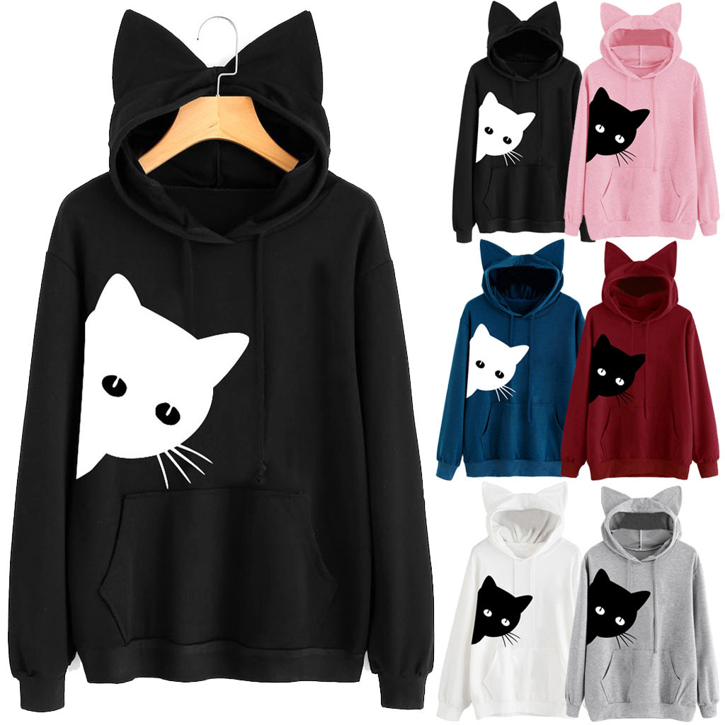 Ladies cat long-sleeved hooded sweater