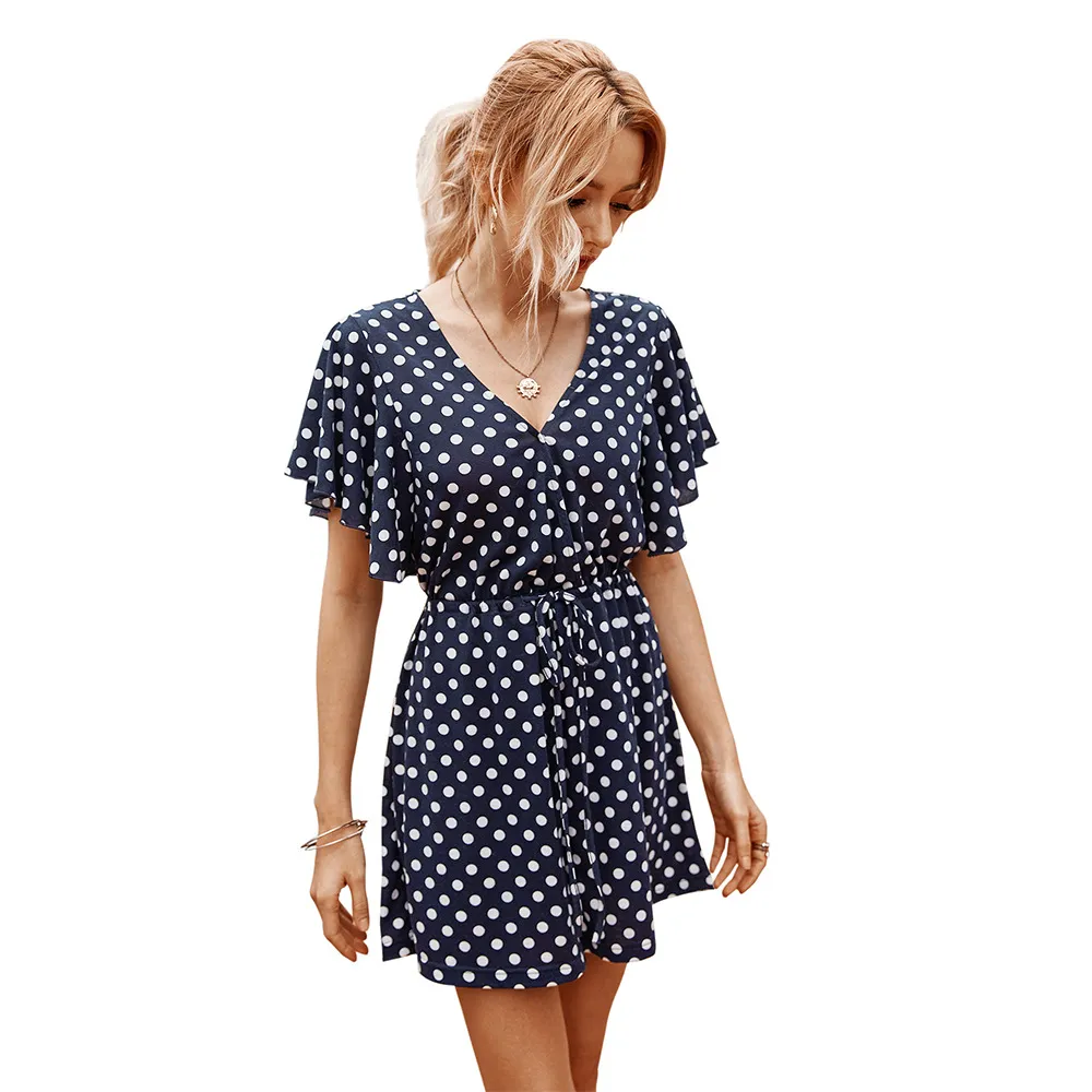 Polka dot waist jumpsuit casual pants - Navy Blue