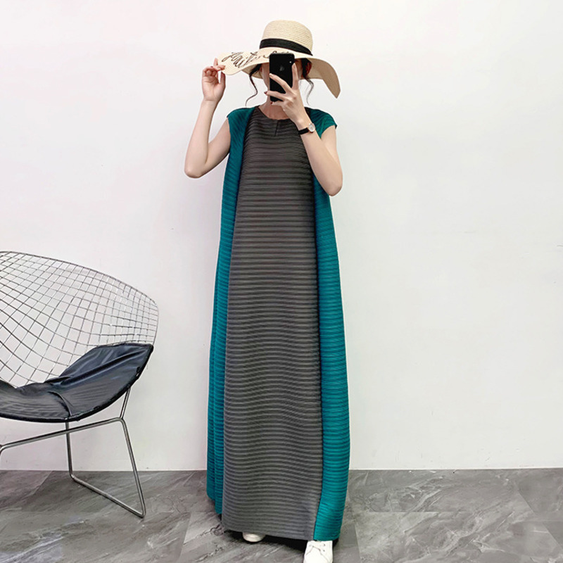 New Miyake color matching over-the-knee long skirt