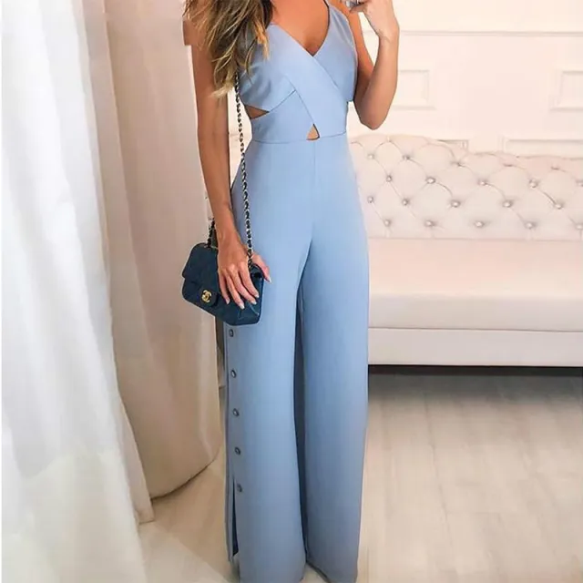 Solid color suspender crossover jumpsuit Blue - Shop at LoveMi