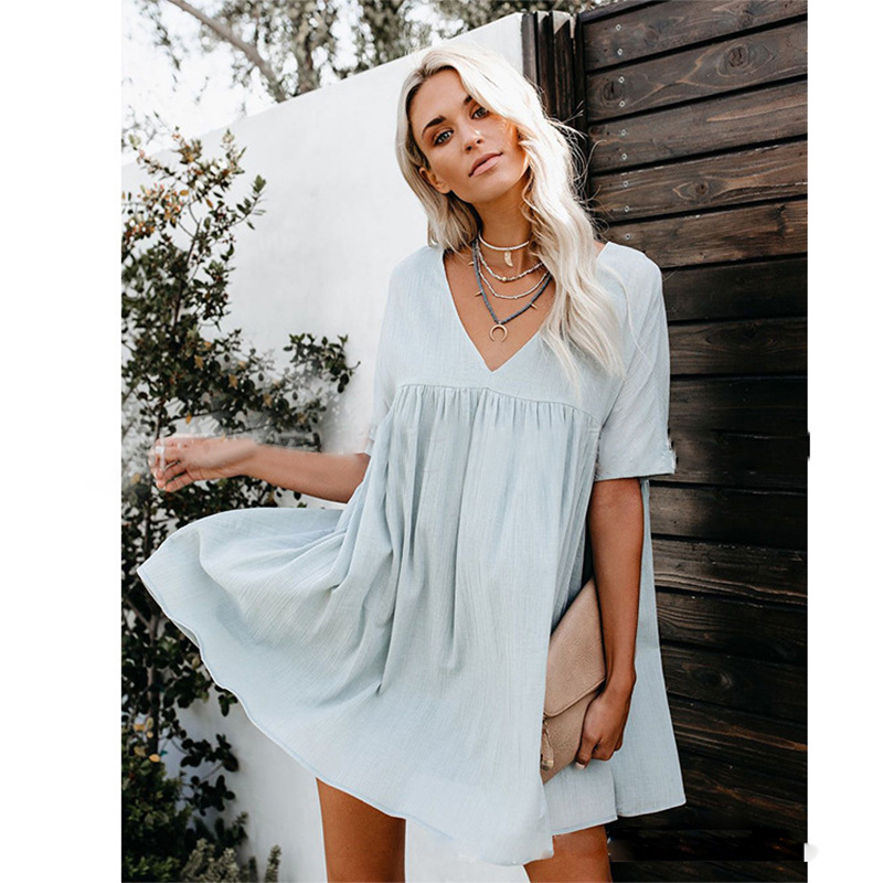 V-neck short-sleeved cotton and linen dress