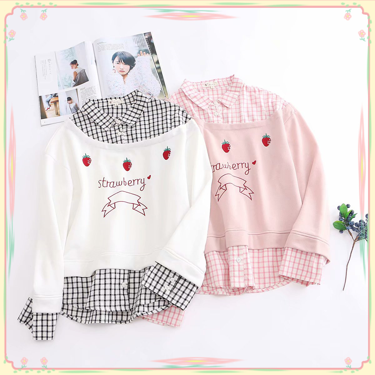 Strawberry fake two-piece plaid sweater