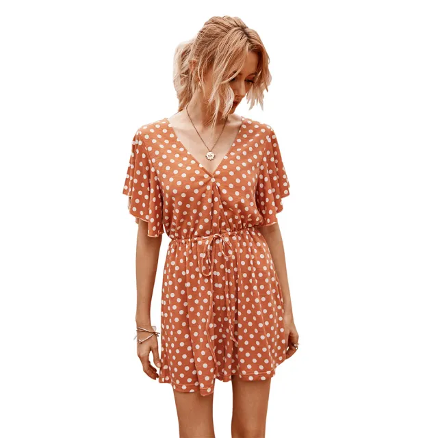 Polka dot waist jumpsuit casual pants Orange - Shop at LoveMi