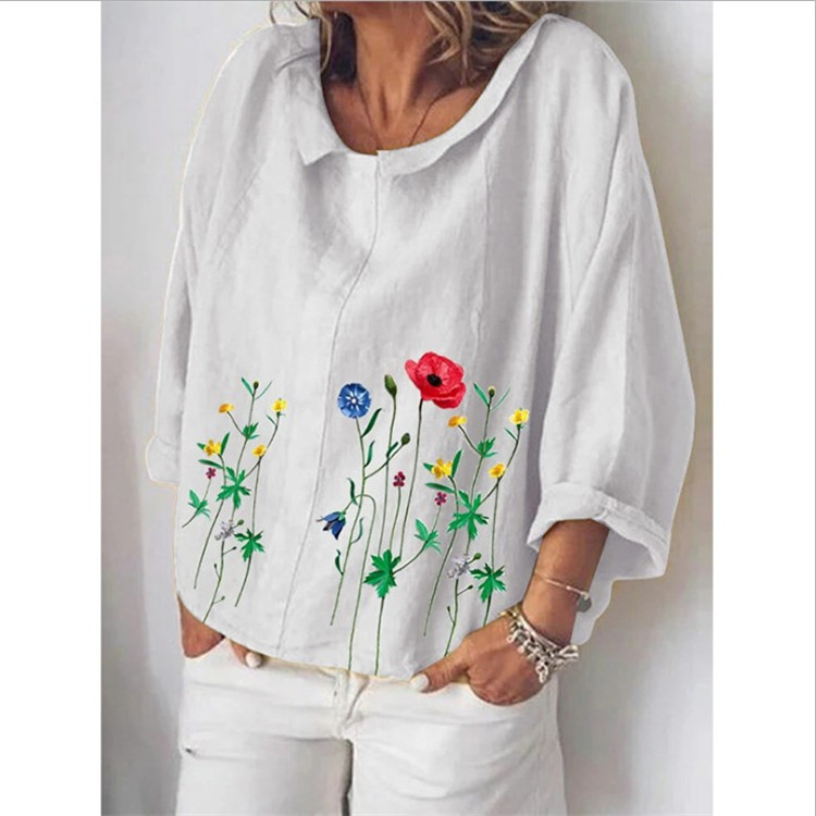 Linen loose Lapel long sleeve shirt for women