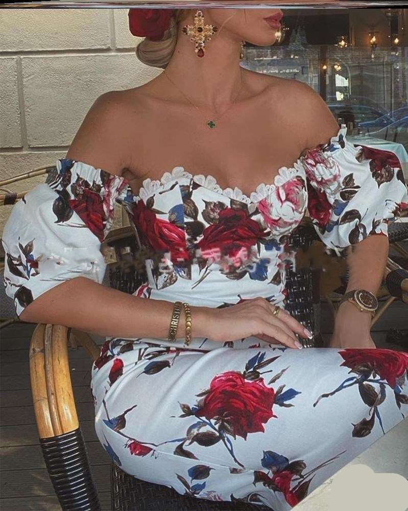 Printed one-shoulder lace stitching dress with puff sleeves