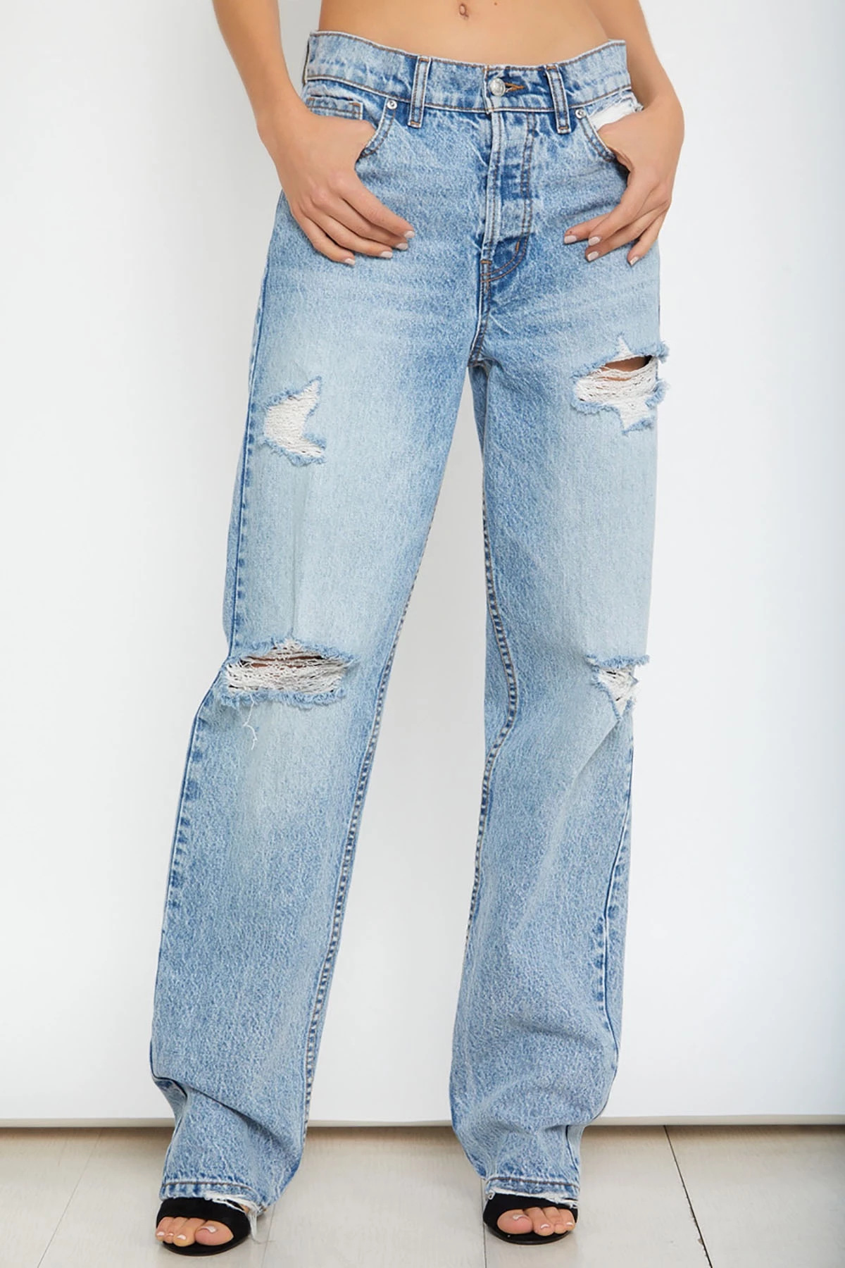 High waist ripped denim trousers Blue - Shop at LoveMi