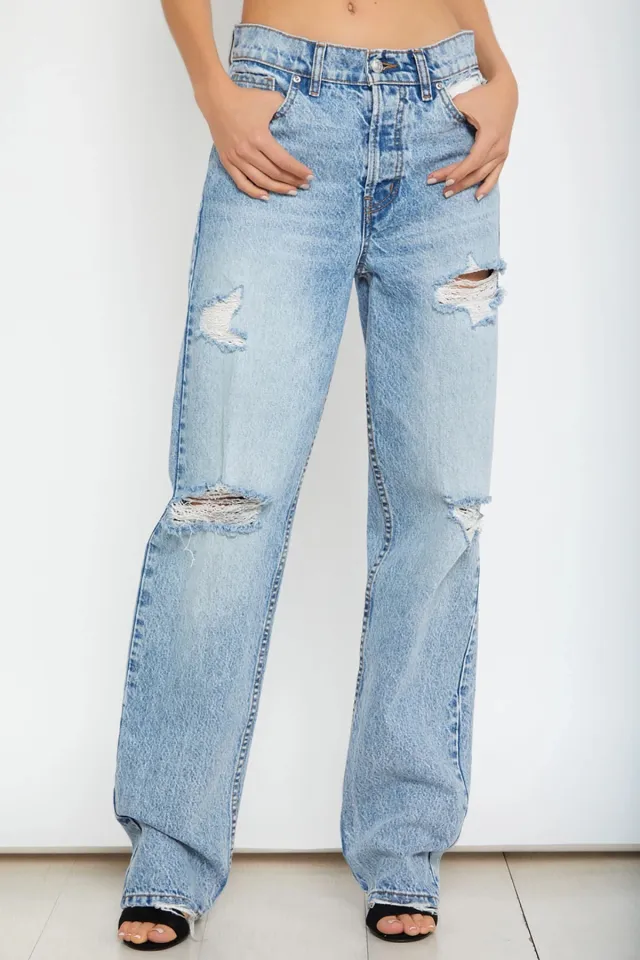 High waist ripped denim trousers Light Blue - Shop at LoveMi