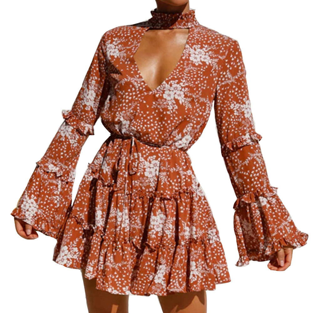 Floral sexy V-neck short skirt with fungus edge